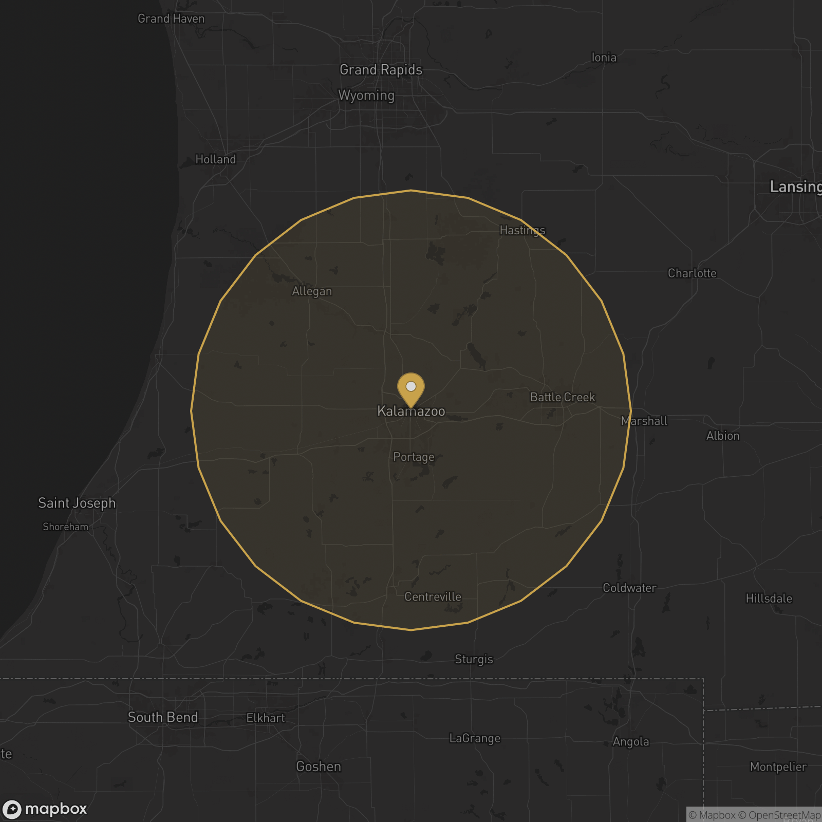 Map of SW Michigan with a 30-mile service radius around Kalamazoo