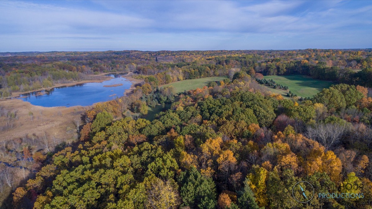 Aerial drone view over SW Michigan countryside in fall colors